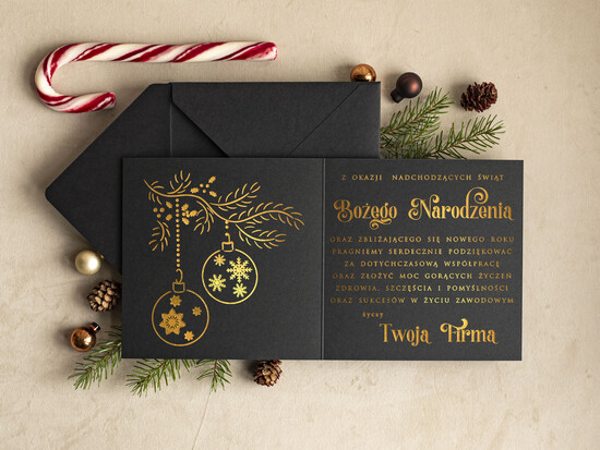 Kartki świąteczne z logo firmy złocone złote elegancka kartka świąteczna dla firmy z logo, błyszczące złocone karnety świąteczne złote napisy, ka 33/błysk/ksw