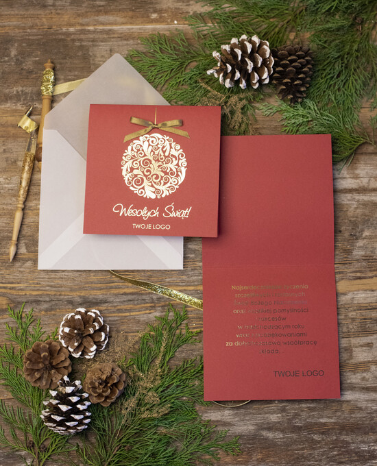 Kartki świąteczne z logo firmy złocone złote kartka świąteczna z logo firmy, złocone treści i napisy na karnecie bożonarodzeniowym 4/błysk/ksw
