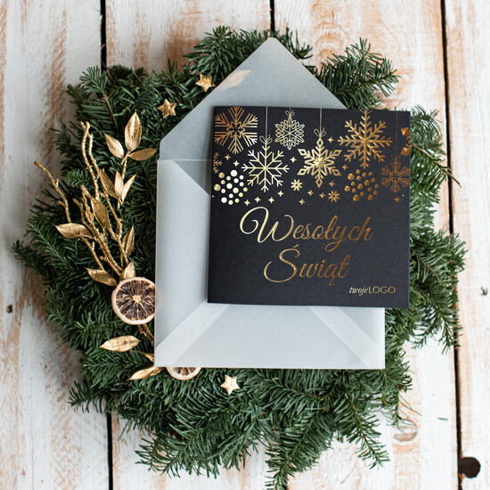 Kartki świąteczne z logo firmy złocone złote Kartki Bożonarodzeniowe z Logo Twojej Firmy, złote napisy na kartce świątecznej 15/błysk/ksw