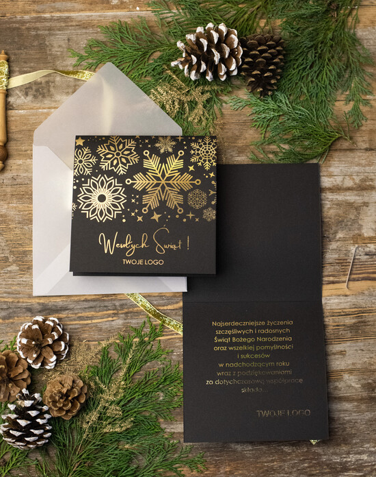 Kartki świąteczne z logo firmy złocone złote kartka świąteczna z twoim logo, błyszczące złocone karnety świąteczne złote napisy 9/błysk/ksw