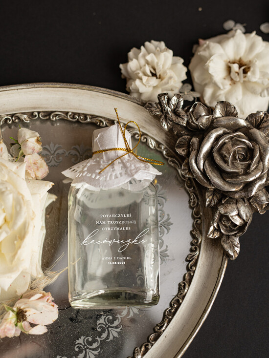 Podziękowania dla Gości Weselnych Butelki/słoiczki z nadrukiem UV podarunki dla gości weselnych, piękna kacówka podziękowanie dla gości, mała butelka 100 ml z nadruki 03/goldFold/uvk