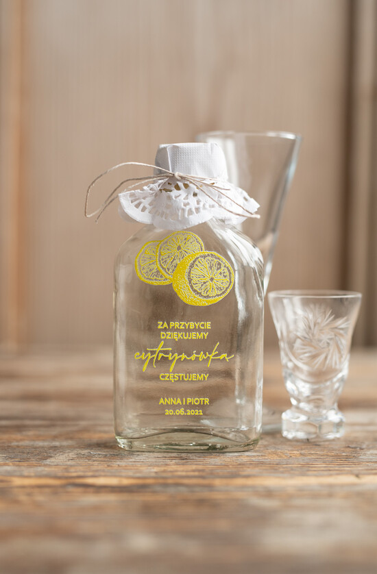 Podziękowania dla Gości Weselnych Butelki/słoiczki z nadrukiem UV podziękowania dla gości weselnych buteleczka na cytrynówkę oryginalny pomysł na prezent dla gości we 01/owoce/UVK