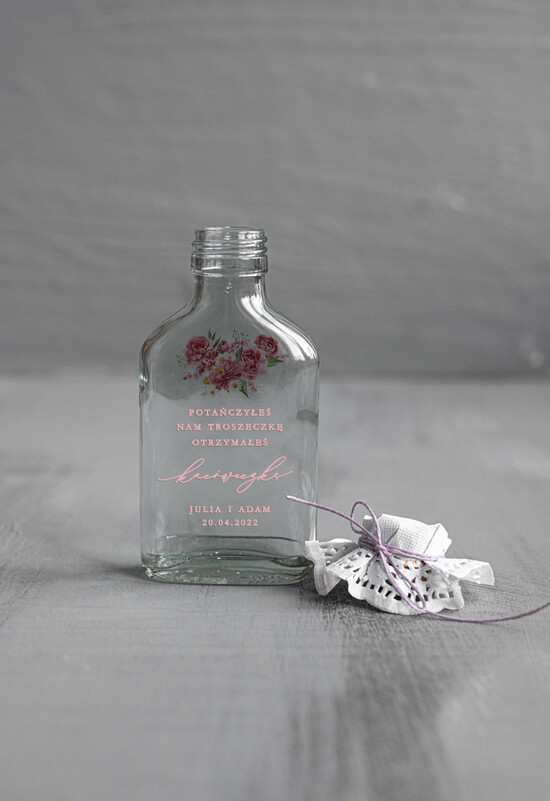 Podziękowania dla Gości Weselnych Butelki/słoiczki z nadrukiem UV podziękowania dla gości weselnych prezenciki dla gości weselnych wydruk na butelce    01/CBw/UVK