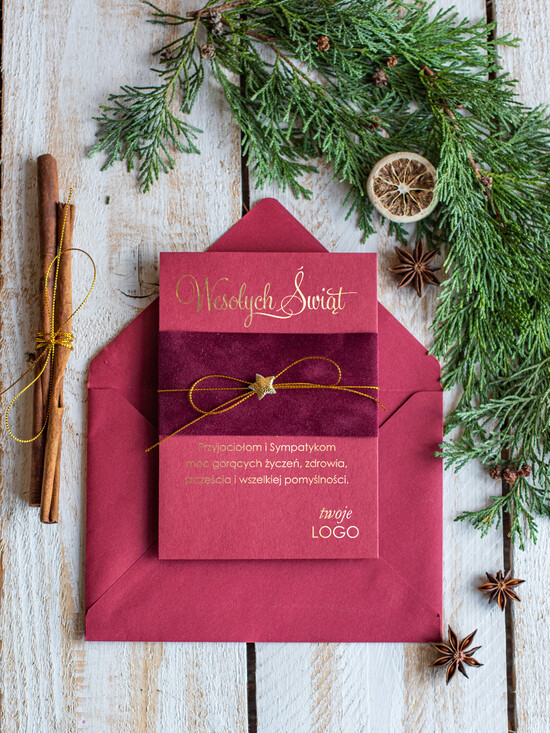 Kartki świąteczne z logo firmy welurowe błyszczące kartki świąteczne dla firmy z logo, kartki swiateczne dla firm z welurem, kartki z logo f 04/vellamsz/ksw