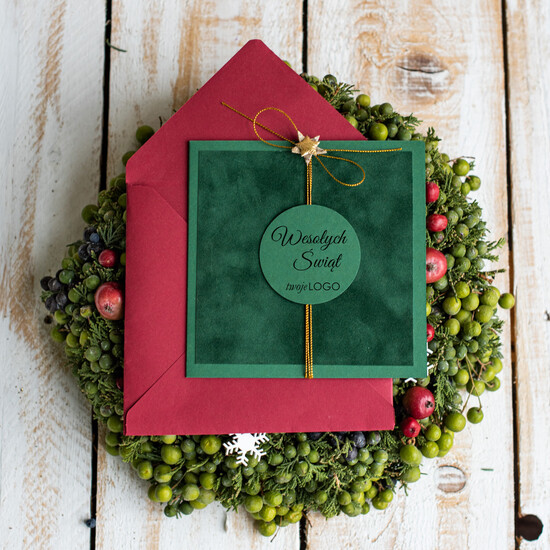 Kartki świąteczne z logo firmy welurowe zielone kartki świąteczne z logo twojej firmy aksamitne zielone kartki świąteczne, firmowe kartki sw 06/velsz/ksw