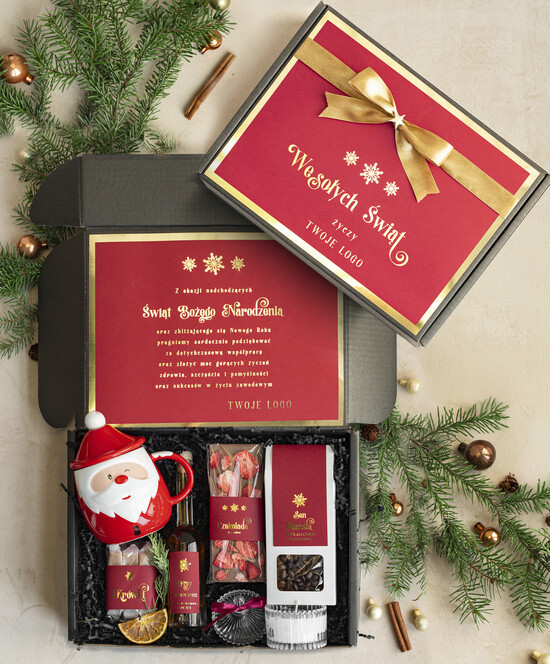 Prezenty oferta dla Firm kubki, filiżanki, kubki termiczne Mikołajowy Kubek w zestawie świątecznym z logo firmy , prezenty biznesowe z kawą i herbatą, upominki 001/zestD/swieta