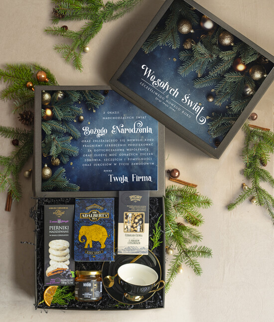 Prezenty oferta dla Firm kubki, filiżanki, kubki termiczne  kosz prezentowy premium z kubkiem dla firm, prezent biznesowy z kawą i herbatą, upominki na święta  04/gotpl/zesSrgtkub