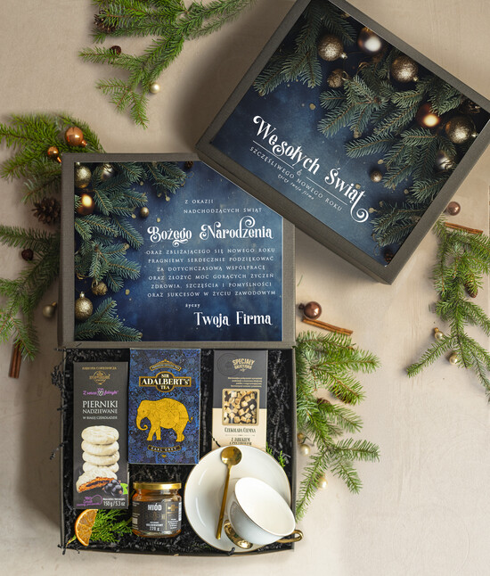 Prezenty oferta dla Firm kubki, filiżanki, kubki termiczne  kosz prezentowy premium z kubkiem dla firm, prezent biznesowy z kawą i herbatą, upominki na święta  05/gotpl/zesSrgtkub