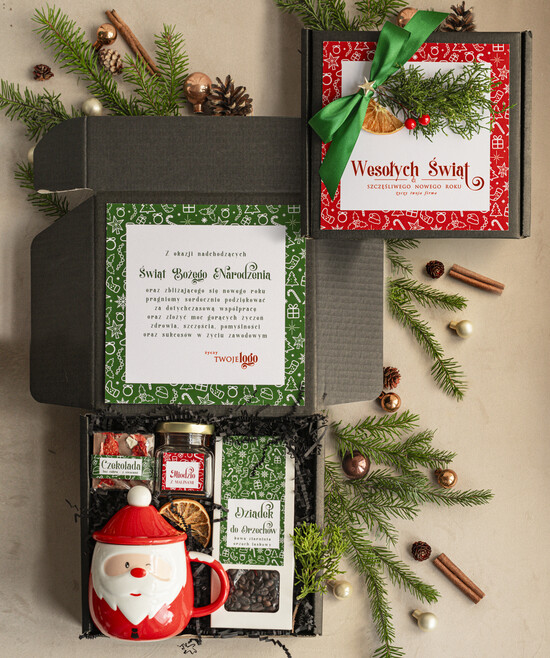 Prezenty oferta dla Firm kubki, filiżanki, kubki termiczne Mikołajowy Kubek w zestawie świątecznym z logo firmy , prezenty biznesowe z kawą i herbatą, upominki 003/zestm/swieta