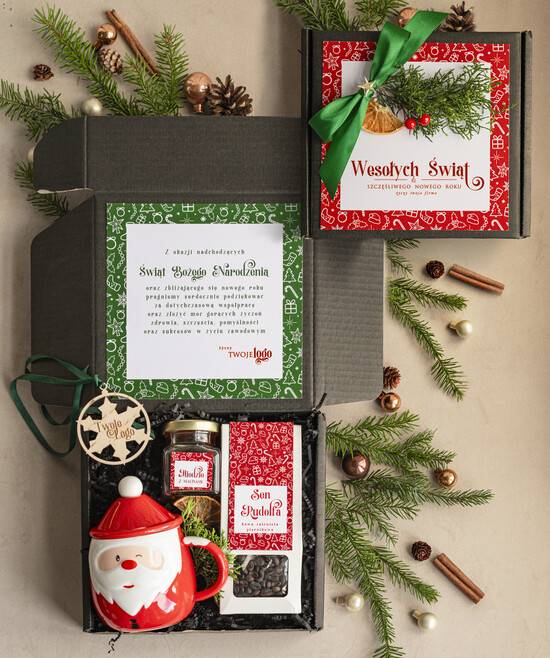 Prezenty oferta dla Firm kubki, filiżanki, kubki termiczne Mikołajowy Kubek w zestawie świątecznym z logo firmy , prezenty biznesowe z kawą i herbatą, upominki 003/zestm/swieta