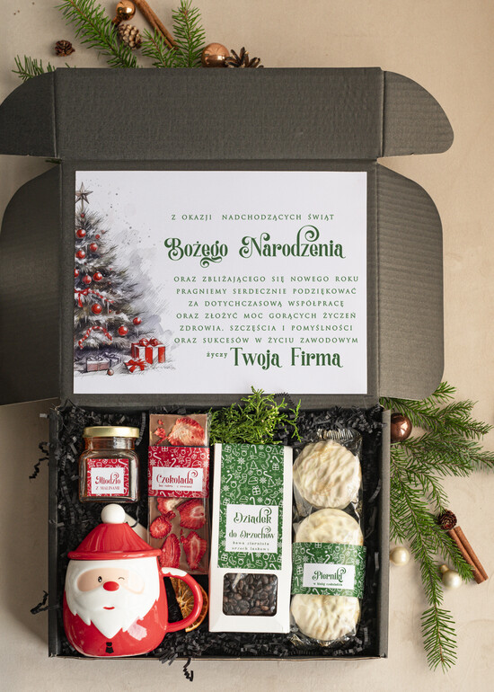Prezenty oferta dla Firm kubki, filiżanki, kubki termiczne Mikołajowy Kubek w zestawie świątecznym z logo firmy , prezenty biznesowe z kawą i herbatą, upominki 001/zestsr/swieta
