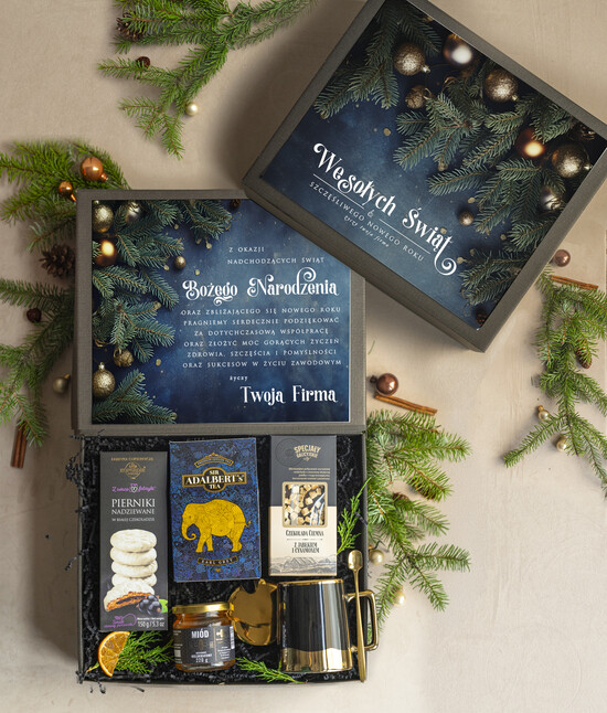 Prezenty oferta dla Firm kubki, filiżanki, kubki termiczne  kosz prezentowy premium z kubkiem dla firm, prezent biznesowy z kawą i herbatą, upominki na święta  02/gotpl/zesSrgtkub