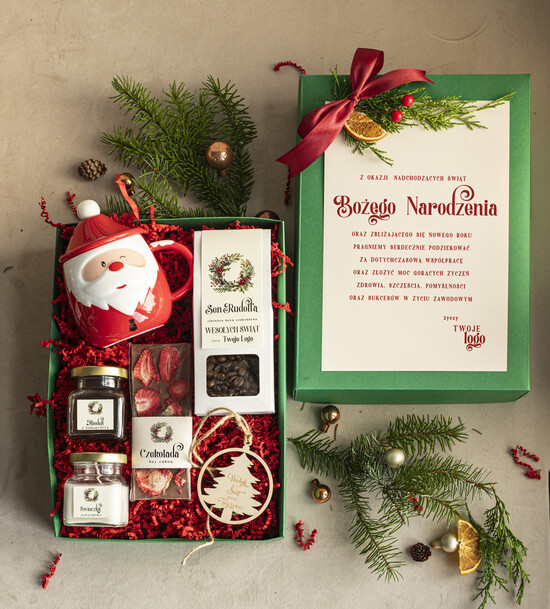 Prezenty oferta dla Firm kubki, filiżanki, kubki termiczne Mikołajowy Kubek w zestawie świątecznym z logo firmy , prezenty biznesowe z kawą, upominki na święta 001/zestziel/swieta