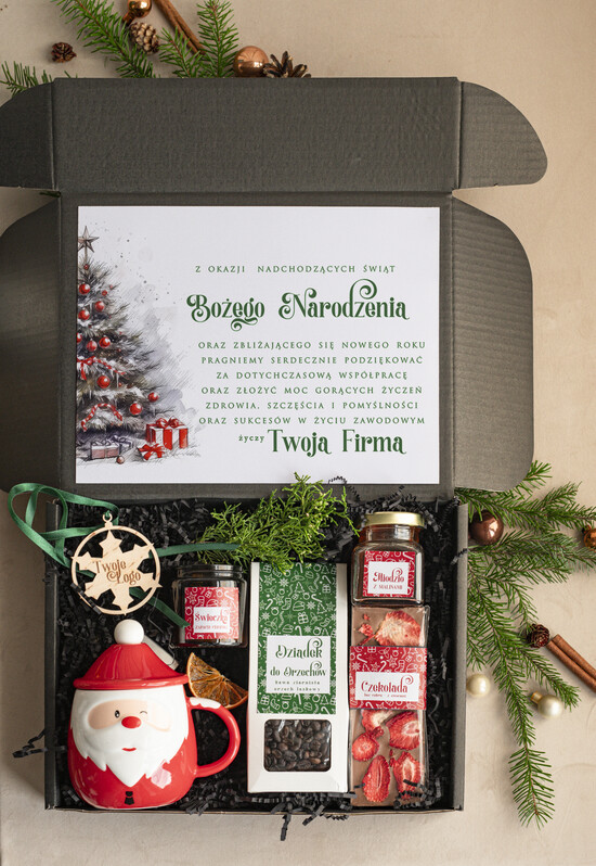 Prezenty oferta dla Firm kubki, filiżanki, kubki termiczne Mikołajowy Kubek w zestawie świątecznym z logo firmy , prezenty biznesowe z kawą i herbatą, upominki 002/zestsr/swieta