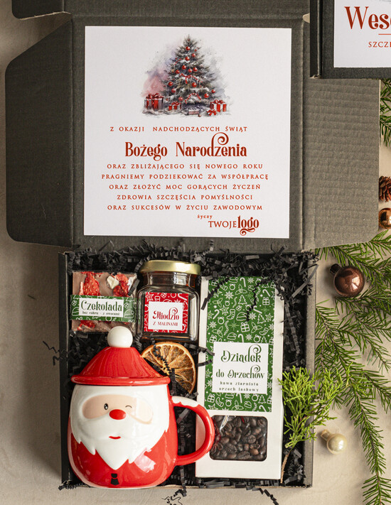 Prezenty oferta dla Firm kubki, filiżanki, kubki termiczne Mikołajowy Kubek w zestawie świątecznym z logo firmy , prezenty biznesowe z kawą i herbatą, upominki 002/zestm/swieta