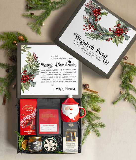 Prezenty oferta dla Firm kubki, filiżanki, kubki termiczne  kosz prezentowy premium z kubkiem dla firm, prezent biznesowy z kawą i herbatą, upominki na święta  05/gotpl/zesSrgtkub