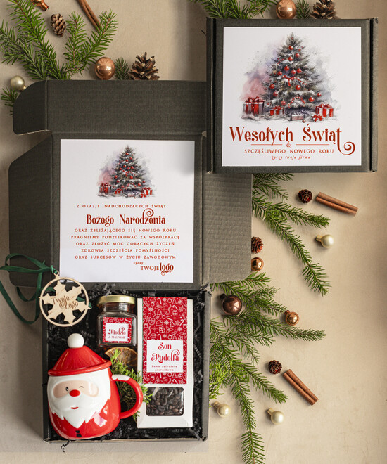 Prezenty oferta dla Firm kubki, filiżanki, kubki termiczne Mikołajowy Kubek w zestawie świątecznym z logo firmy , prezenty biznesowe z kawą i herbatą, upominki 001/zestm/swieta