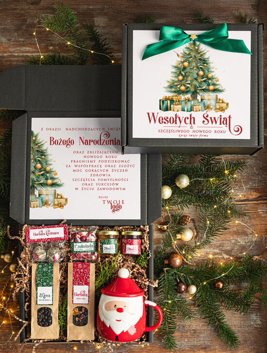 Prezenty oferta dla Firm kubki, filiżanki, kubki termiczne Mikołajowy Kubek w zestawie świątecznym z logo firmy , prezenty biznesowe z kawą i herbatą, upominki 02/zestm/swieta