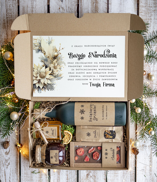 Prezenty oferta dla Firm zestawy na rozgrzewkę Oryginalne prezenty świąteczne dla pracowników, kosz prezentowy  z logo upominek świąteczny dla  kli 05/WinE/swieta