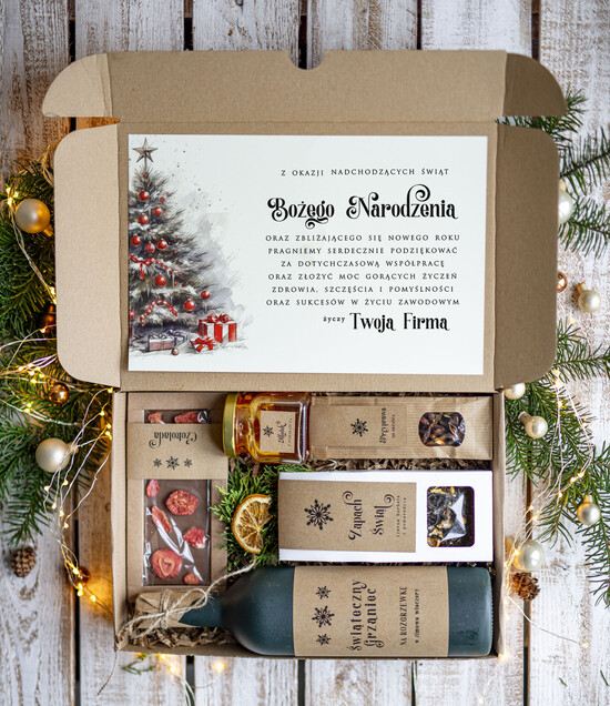 Prezenty oferta dla Firm zestawy na rozgrzewkę Oryginalne prezenty świąteczne dla pracowników, kosz prezentowy  z logo upominek świąteczny dla  kli 08/WinE/swieta