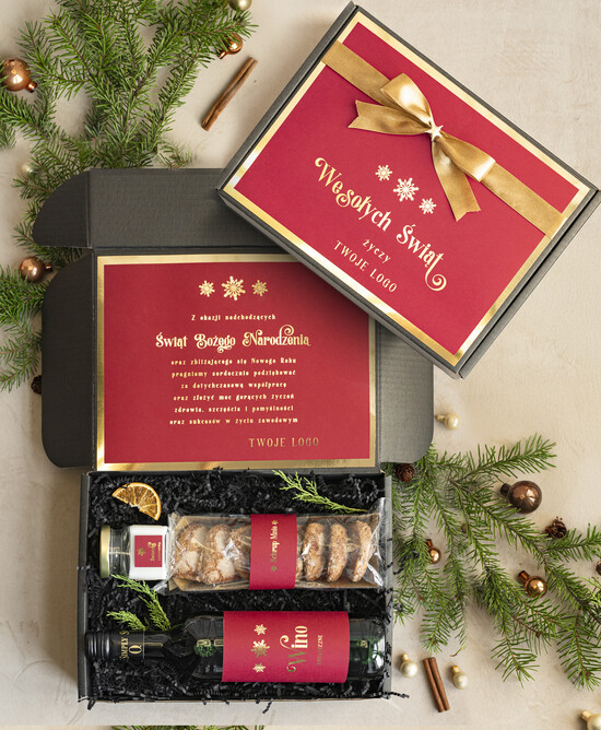 Prezenty oferta dla Firm słodkie zestawy  kosze prezentowe dla firm, prezenty biznesowe  z kawą i herbatą, upominki na święta dla pracowników  05/czBordo/zesSrsw