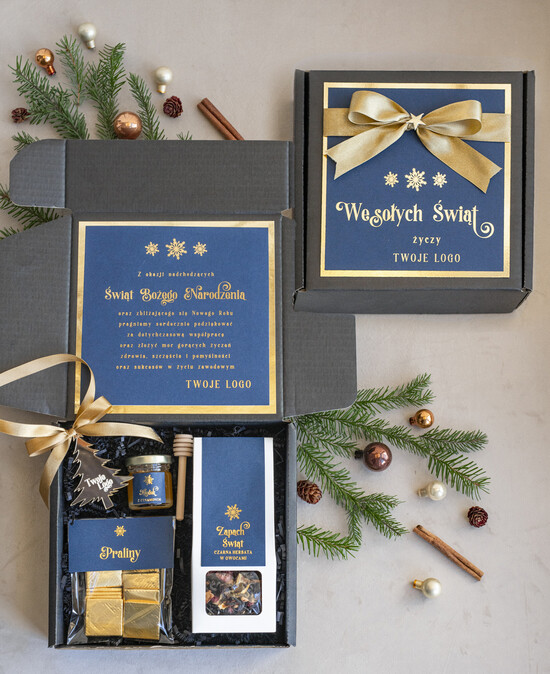 Prezenty oferta dla Firm słodkie zestawy  kosze prezentowe dla firm, prezenty biznesowe dla firm z kawą i herbatą, upominki na święta dla prac 02/czNieb/zesMsw