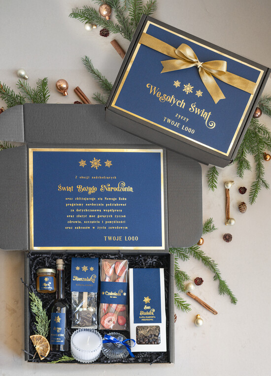 Prezenty oferta dla Firm słodkie zestawy  kosze prezentowe dla firm, prezenty biznesowe  z kawą i herbatą, upominki na święta dla pracowników  10/czNieb/zesSrsw