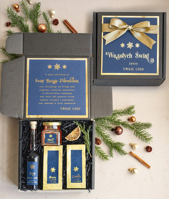 Prezenty oferta dla Firm słodkie zestawy  kosze prezentowe dla firm, prezenty biznesowe dla firm z kawą i herbatą, upominki na święta dla prac 03a/czNieb/zesMsw