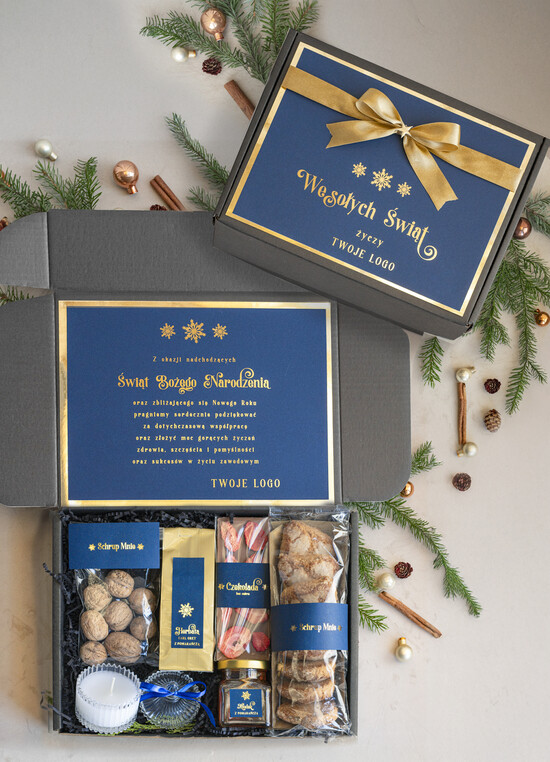 Prezenty oferta dla Firm słodkie zestawy  kosze prezentowe dla firm, prezenty biznesowe  z kawą i herbatą, upominki na święta dla pracowników  02/czNieb/zesSrsw