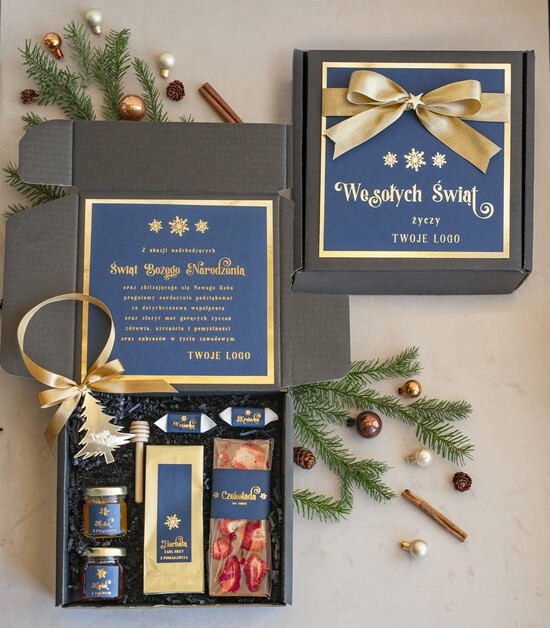 Prezenty oferta dla Firm słodkie zestawy  kosze prezentowe dla firm, prezenty biznesowe dla firm z kawą i herbatą, upominki na święta dla prac 01/czNieb/zesMsw
