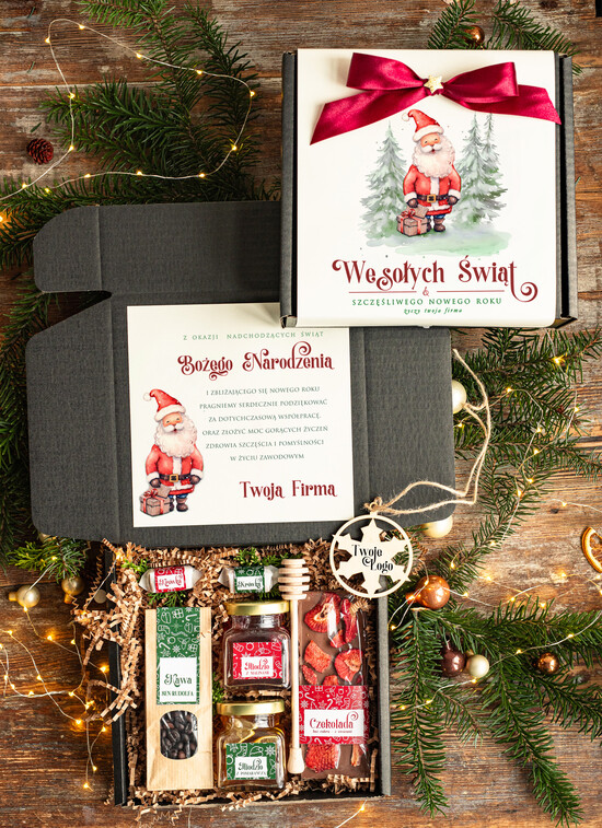 Prezenty oferta dla Firm kawa  herbata miód Biznesowe prezenty, prezent dla firm z kawą i herbatą, paczki na święta dla pracowników i kontrahent 04/PudCzarWs/swieta