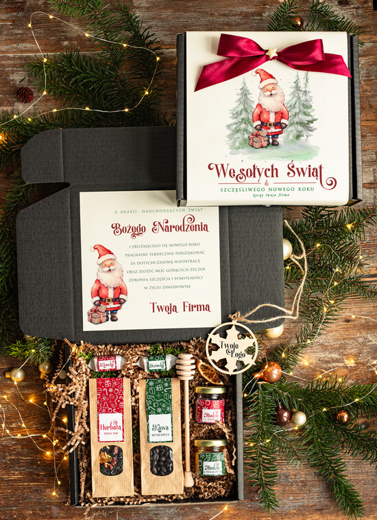 Prezenty oferta dla Firm kawa  herbata miód upominki świąteczne dla klientów, kawa ziarnista i herbata Prezenty dla Klientów, prezenty biznesowe 02/PudCzarWs/swieta