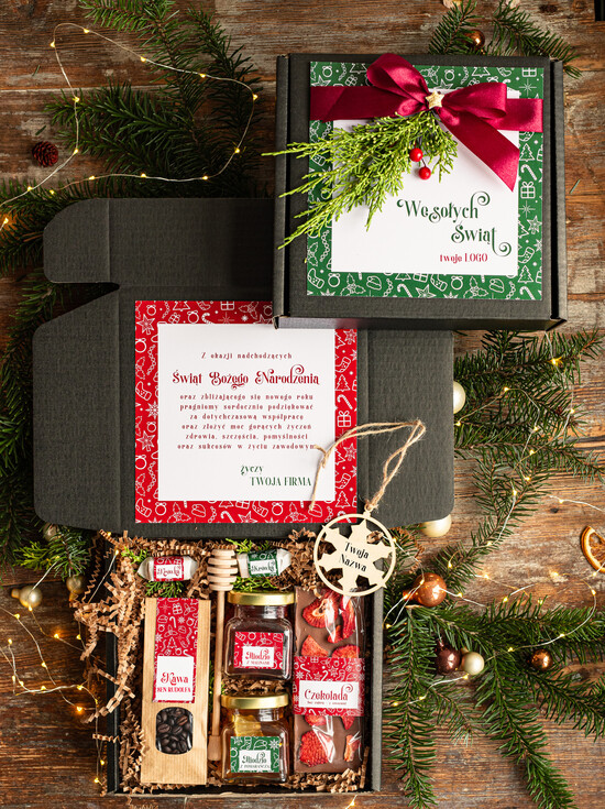 Prezenty oferta dla Firm kawa  herbata miód Prezenty świąteczne dla klientów biznesowych, elegancki prezent z miodem od firm z logo, prezent świ 04/PudCzar/swieta