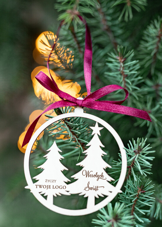 Prezenty oferta dla Firm drobne prezenty dla firm Prezent Biznesowy Na Święta z Logo drewniana Bombka z logo na choinkę Zawieszka gwiazdka z Logo Firm 25/ZW/swieta