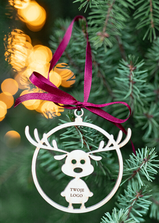 Prezenty oferta dla Firm drobne prezenty dla firm Prezent Biznesowy Na Święta z Logo drewniana Bombka z logo na choinkę Zawieszka Rudolf z Logo Firmy  29/ZW/swieta