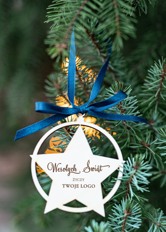 Prezenty oferta dla Firm drobne prezenty dla firm Prezent Biznesowy Na Święta z Logo drewniana Bombka z logo na choinkę Zawieszka gwiazdka z Logo Firm 36/ZW/swieta