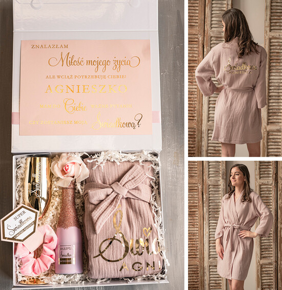 Prezenty dla świadków boxy prezentowe dla Świadkowej, prośba o świadkowanie  prezent dla druhny, pomysł na prezent dla świadkowej, Box prezentowy dla świadkowej z różowym szlafr 26/boxNowSz/swiadkowa