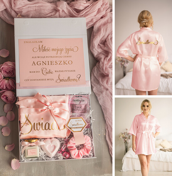 Prezenty dla świadków boxy prezentowe dla Świadkowej, prośba o świadkowanie  Praktyczny i przydatny Box prezentowy dla świadkowej z kosmetykami i szlafrokiem, prezent dla druhny 06/boxNowSzI/swiadkowa