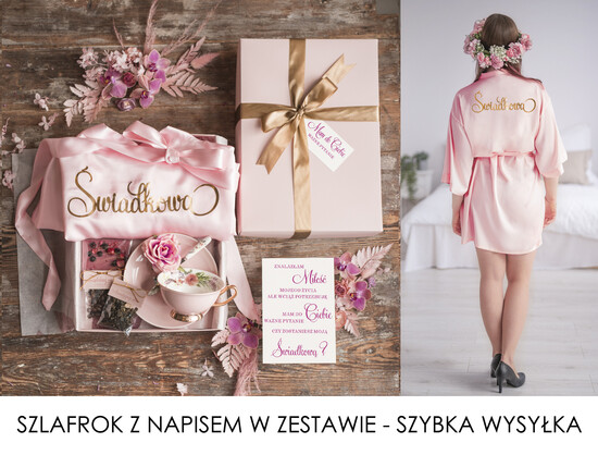 Prezenty dla świadków boxy prezentowy dla Świadkowej, prośba o świadkowanie  Szlafrok dla Świadkowej ze złotym Napisem - Prośba o Świadkowanie Boho Filiżanka i czekoladka 08/uniSZl/swiadkowa