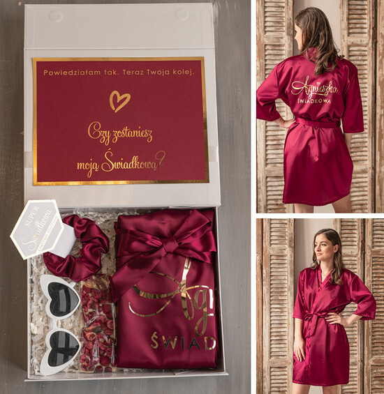 Prezenty dla świadków boxy prezentowe dla Świadkowej, prośba o świadkowanie  prezent dla druhny, pomysł na prezent dla świadkowej, Box prezentowy dla świadkowej z bordowym szlaf 22/boxNowSz/swiadkowa