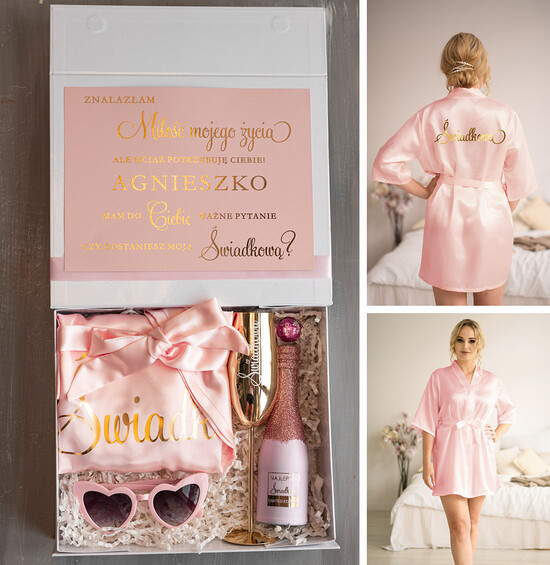 Prezenty dla świadków boxy prezentowe dla Świadkowej, prośba o świadkowanie  czy zostaniesz moją świadkową, prezent dla świadkowej zestaw ze szlafrokiem, złoty kieliszek i broka 23/boxNowSzI/swiadkowa