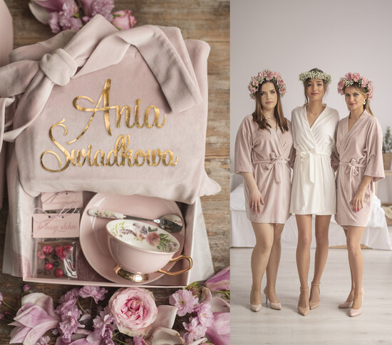 Prezenty dla świadków boxy prezentowe dla Świadkowej, prośba o świadkowanie  Welurowy Szlafrok dla Świadkowej Prośba o świadkowanie zestaw Filiżanka  04/SzlVelKos/boxvel
