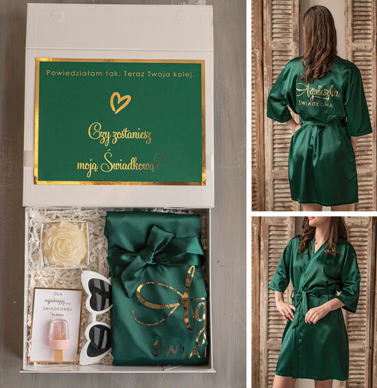 Prezenty dla świadków boxy prezentowe dla Świadkowej, prośba o świadkowanie  prezent dla świadkowej, pomysł na prezent dla świadkowej, Box prezentowy dla świadkowej z zielonym s 16/boxNowSz/swiadkowa