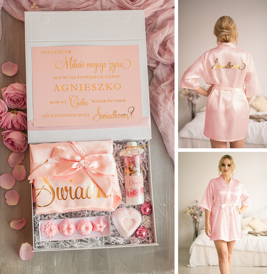 Prezenty dla świadków boxy prezentowe dla Świadkowej, prośba o świadkowanie  prośba o świadkowanie, box dla świadkowej ze szlafrokiem, białe pudełko z kosmetykami dla świadkowej 02/boxNowSzI/swiadkowa