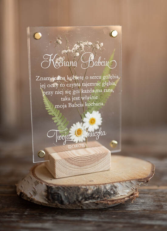 Prezenty dla Babci i Dziadka Prezenty dla Babci Orginalna Kartka na dzień Babci Życzenia z suszonymi Kwiatkami, kartka w akrylu dla Babci 01/plexKwiatPUD/babcia