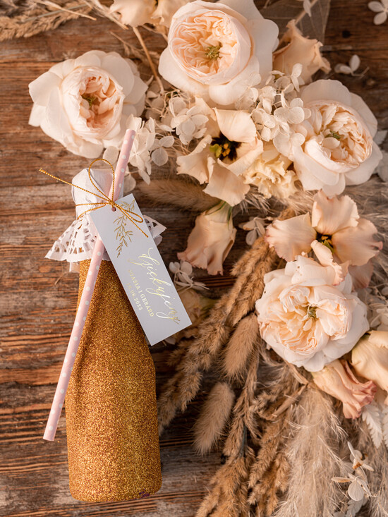 Podziękowania dla Gości Weselnych brokatowe butelki podziękowania dla gości po weselu, świecące butelki 01/goldecru/szampan