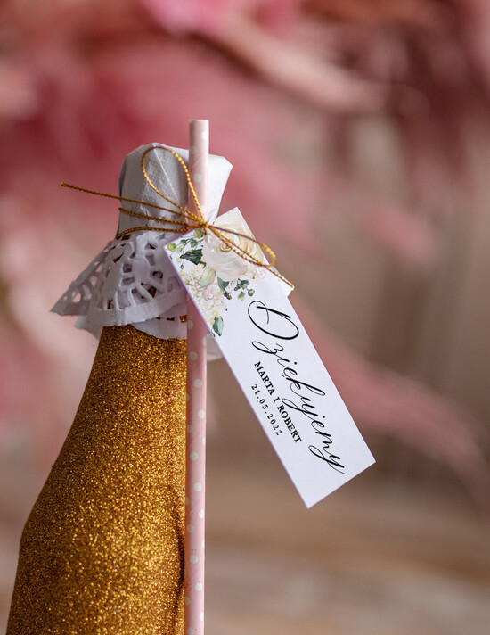 Podziękowania dla Gości Weselnych brokatowe butelki prezenty dla gości na weselu brokatowa butelka bezalkoholowego szampana  01/ow/szampan