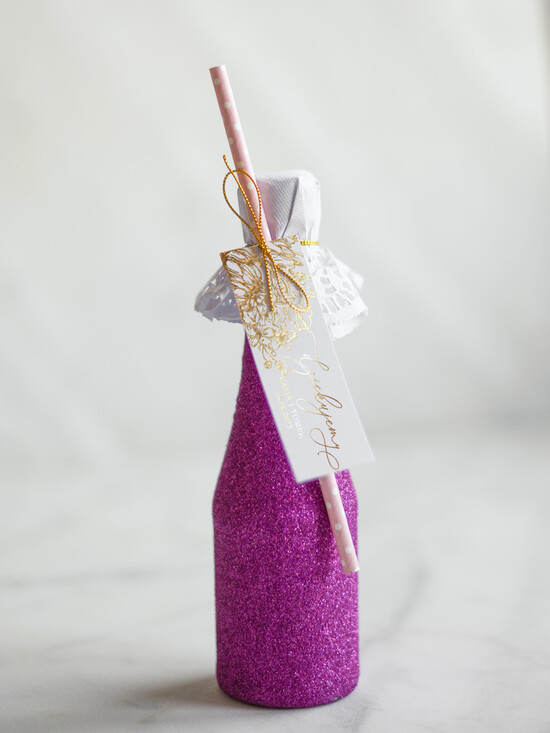 Podziękowania dla Gości Weselnych brokatowe butelki prezencik dla gości weselnych, świecące butelki 01/glamP/szampan