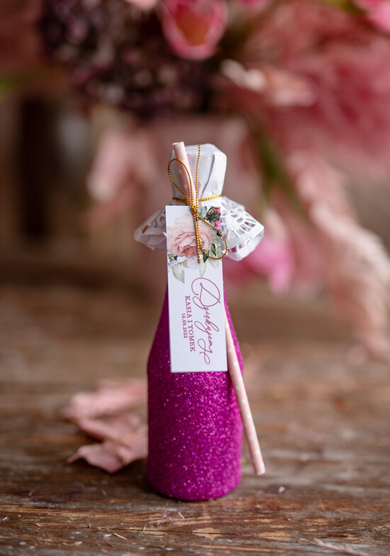 Podziękowania dla Gości Weselnych brokatowe butelki prezenciki podziękowania dla gości weselnych bezalkoholowy brokatowy szampan  01/roses/szampan