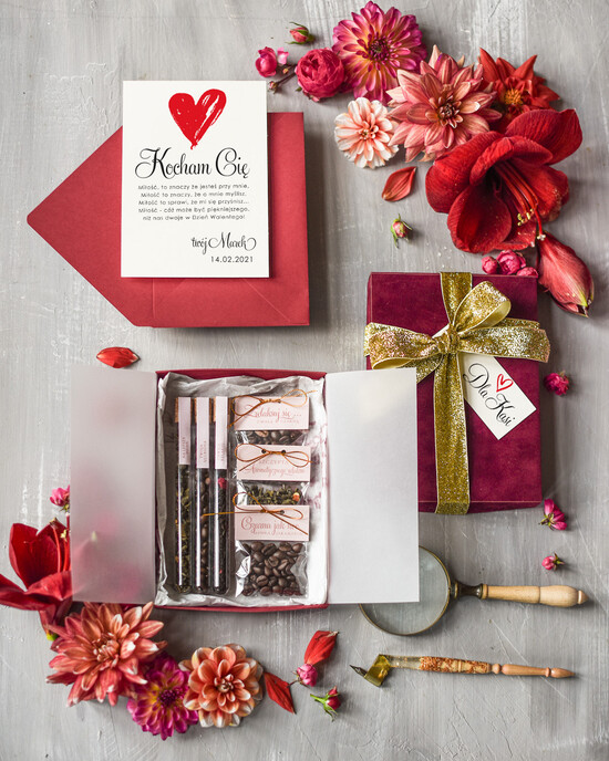 Walentynki prezent na walentynki dla Niej   prezent dla żony na walentynki pudełko welurowe z kawą i herbatą  03/minipudwel/Walentynki